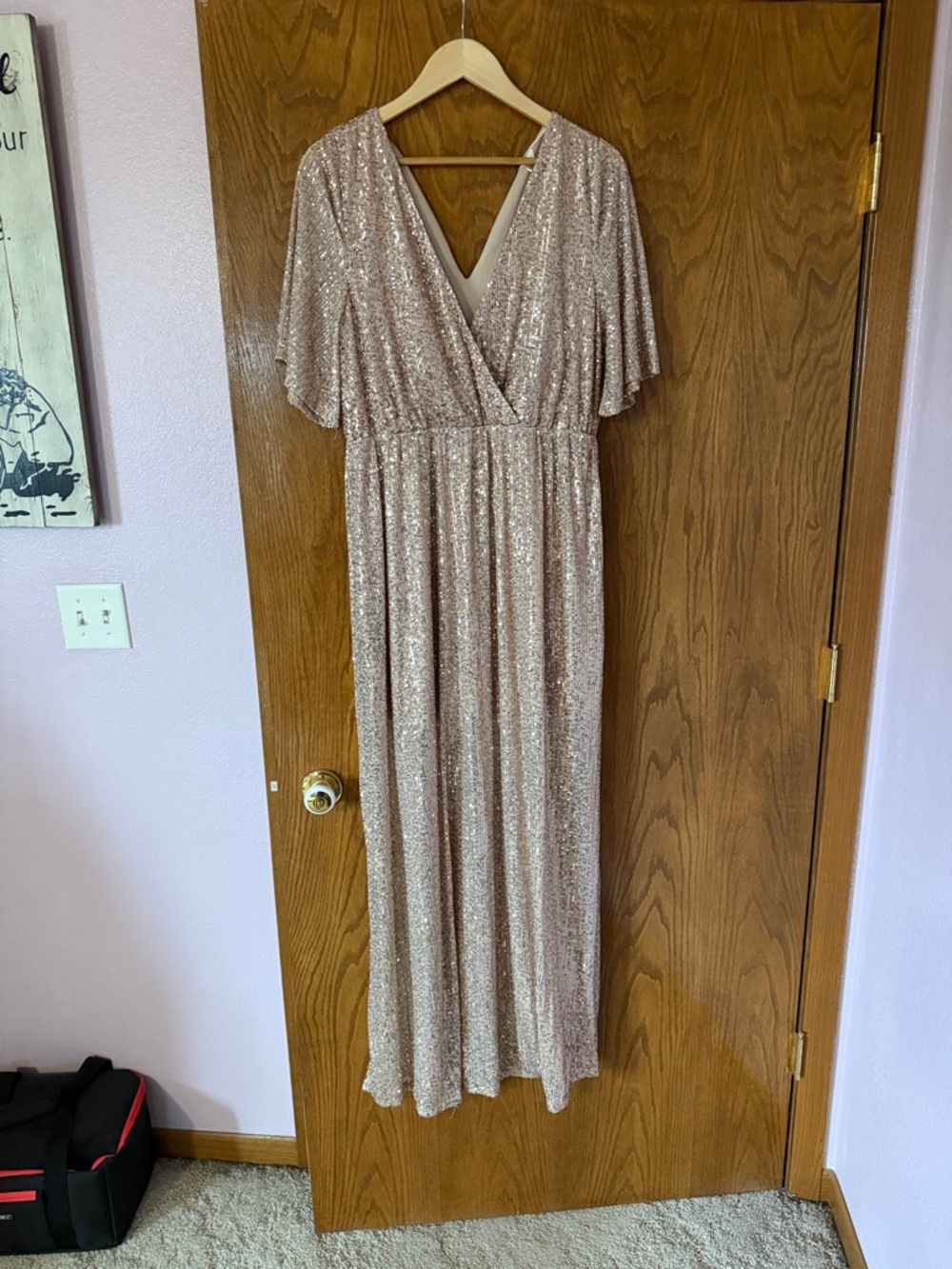Sequined V-Neck Maxi Dress in Rose Gold